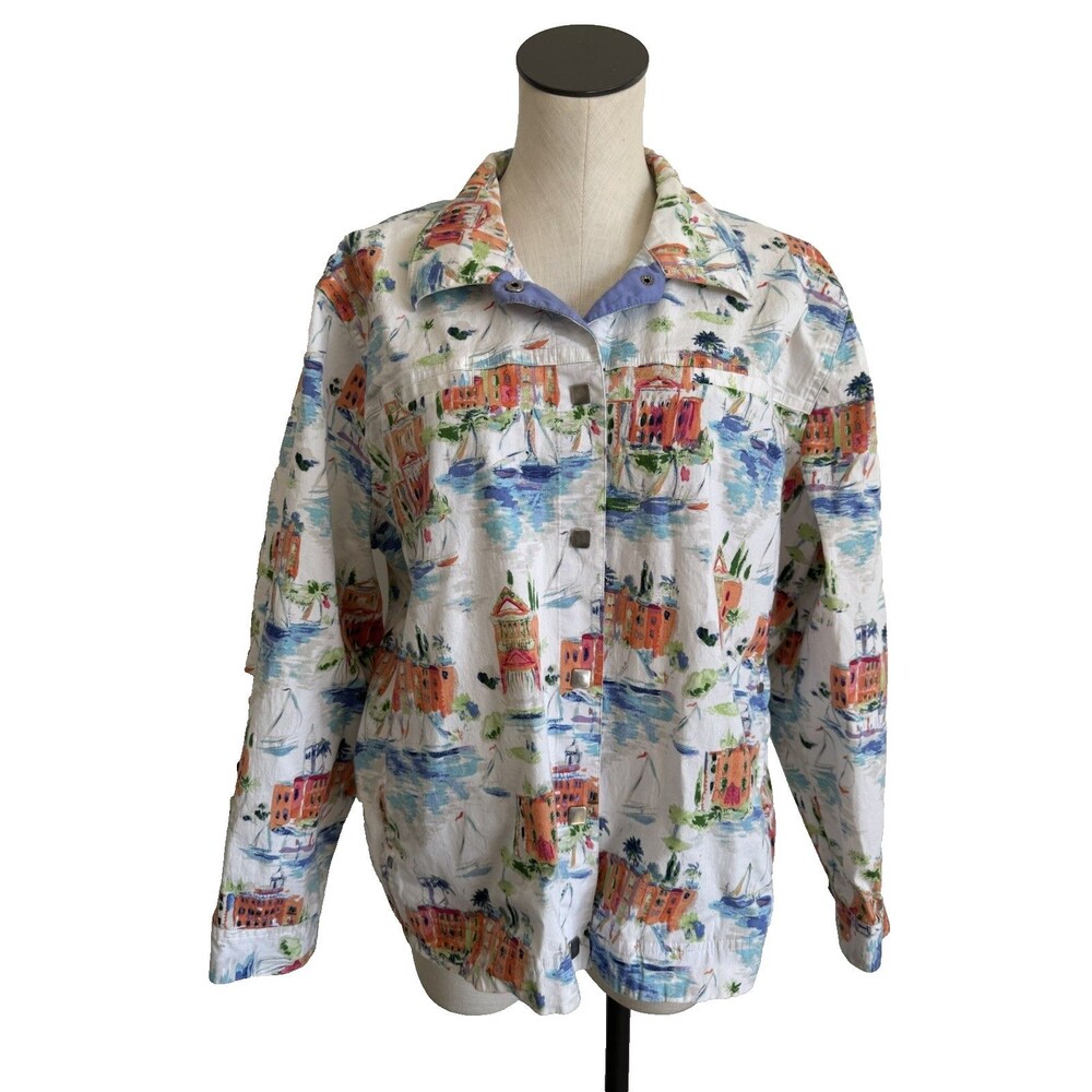 VTG CJ Banks Jacket Womens Size 2X Stretch Snap Button Artsy City White Print